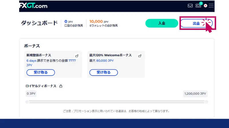 FXGTで銀行出金するためにダッシュボードから出金ボタンをクリックする