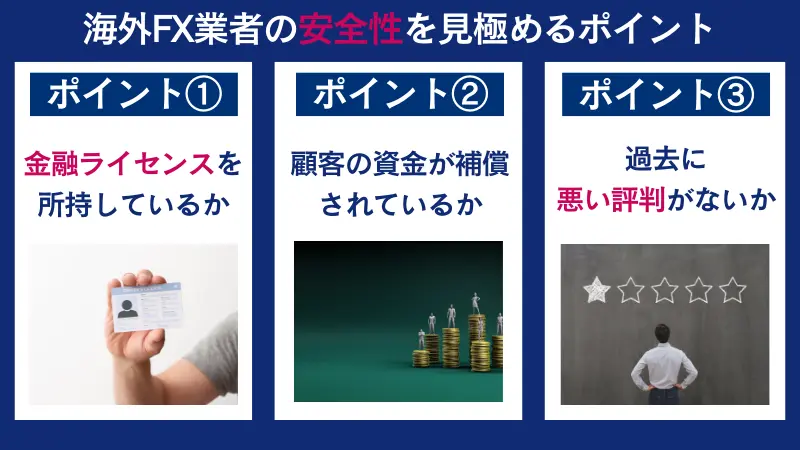 海外FX業者の安全性を見極めるポイントは、金融ライセンスを所持しているかなど