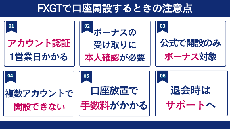 FXGTで口座開設するときの注意点は、複数アカウントで解説できない点やアカウント認証が1営業日かかる点などである。