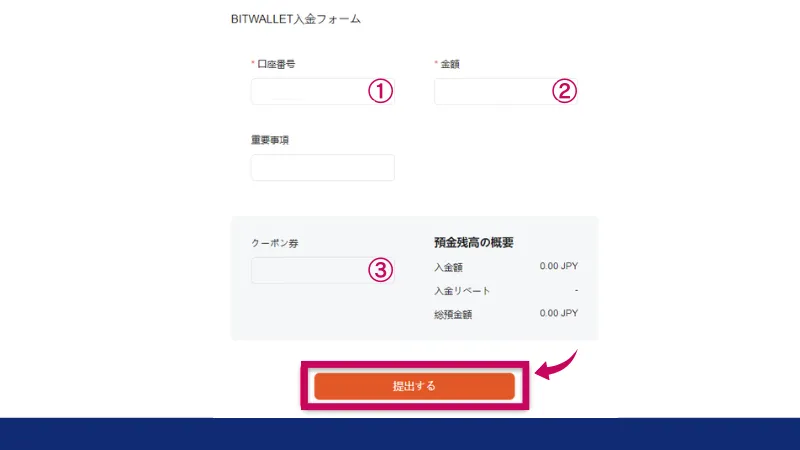 Vantageの入金方法でBITWALLET入金フォームを入力する画像