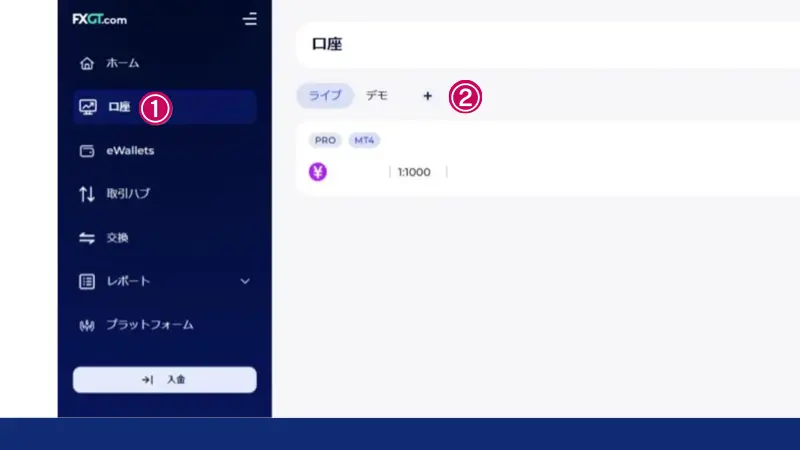 FXGTの会員ページへログインしたら画面左メニューの「口座」をクリックし、続いて画面右エリアの「＋」をクリック