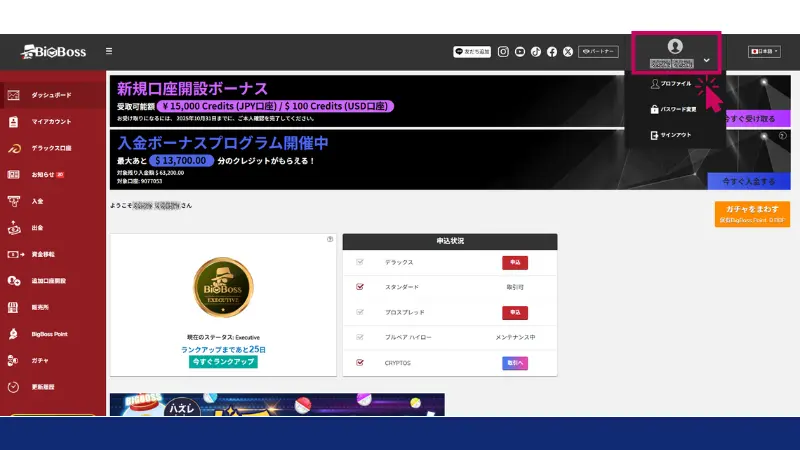 Bigbossのマイページ画面