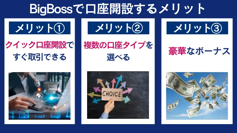 Bigbossの口座開設するとすぐに取引でき、複数の口座タイプを選べ、ボーナスが豪華